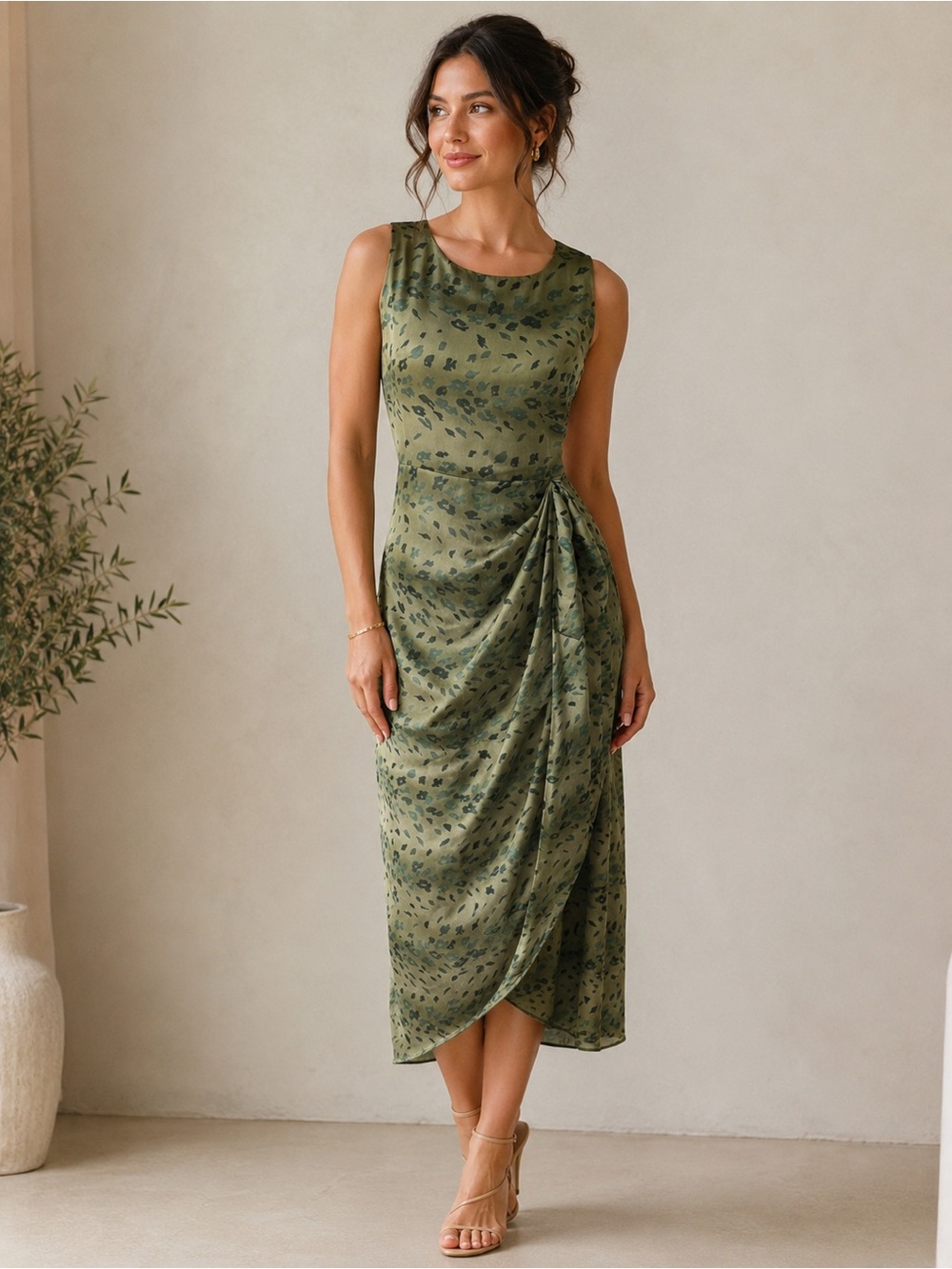 Vintage Yves Cossette Depeche Mode Sage Green Draped Midi Dress Size 4